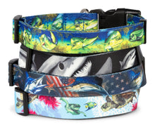 Load image into Gallery viewer, Salty Paws Mahi -Mahi Fish Print Dog Collar D. Friel Connected By Water Collaboration Made from Recycled Plastic Bottles
