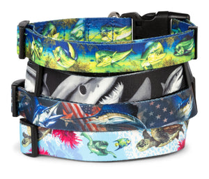 Salty Paws Mahi -Mahi Fish Print Dog Collar D. Friel Connected By Water Collaboration Made from Recycled Plastic Bottles