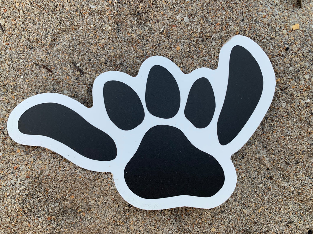 salty paws shaka paw die cut screen printed sticker black with white outline